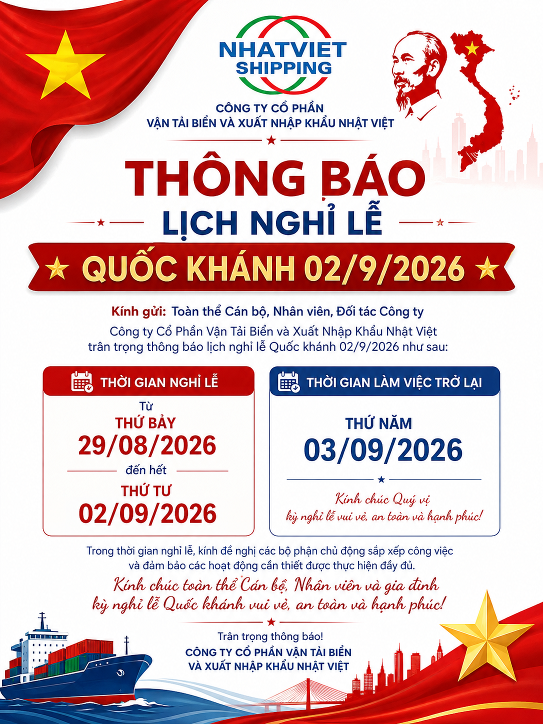 THÔNG BẢO LỊCH NGHỈ LỄ QUỐC KHÁNH 02/9/2026